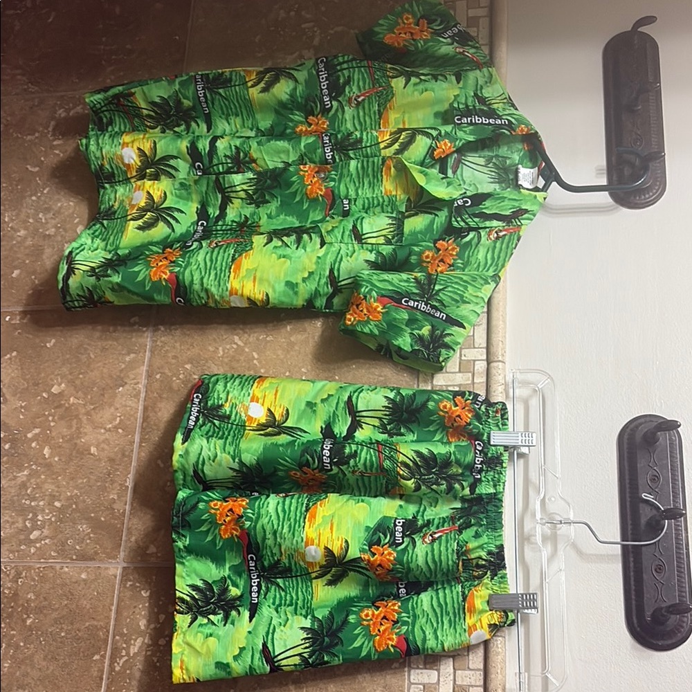 Tropical Green Hawaiian Shirt and Shorts Set